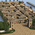 Traditional Ancient Architectural Complex Featuring Courtyards Towers Riverside Trees And Classic Roofs 3d model