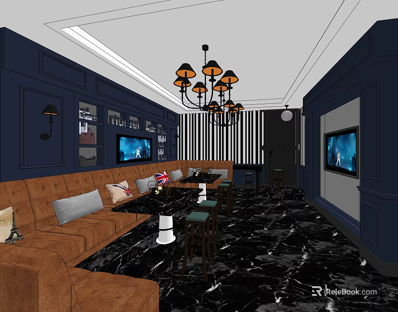 KTV Interior Design With Dark Blue Walls Chandelier Brown Sofa TV And Marble Flooring 3d model 