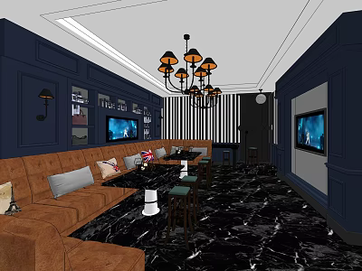 KTV Interior Design With Dark Blue Walls Chandelier Brown Sofa TV And Marble Flooring 3d model