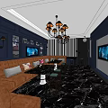 KTV Interior Design With Dark Blue Walls Chandelier Brown Sofa TV And Marble Flooring