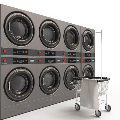Commercial Washing Machines Arranged In Rows In Laundry Room With Laundry Cart 3d model Commercial Washing Machines Arranged In Rows In Laundry Room With Laundry Cart 3d model