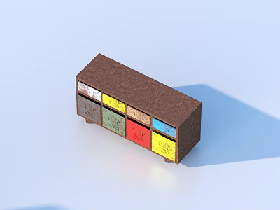 Modern Brown Storage Cabinet Featuring Multiple Colored Drawers And Wooden Texture Design 3d model
