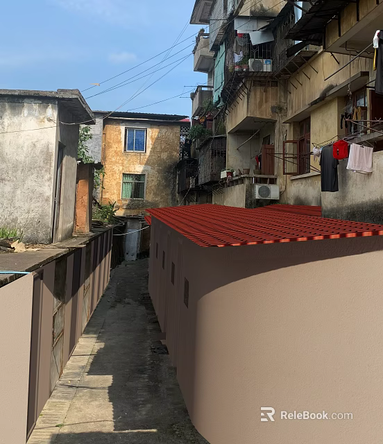 Narrow Alley In Old Residential Area With Red Roof And Hanging Clothes 3d model 