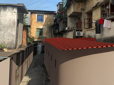 Narrow Alley In Old Residential Area With Red Roof And Hanging Clothes 3d model