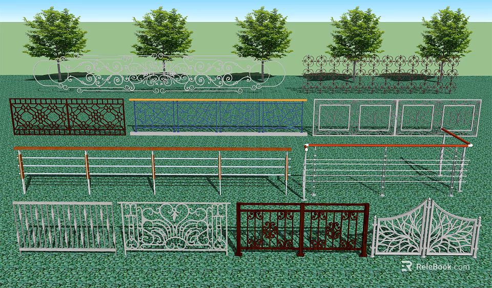 Diverse Decorative Fences On Green Lawn With Trees And Various Patterns 3d model