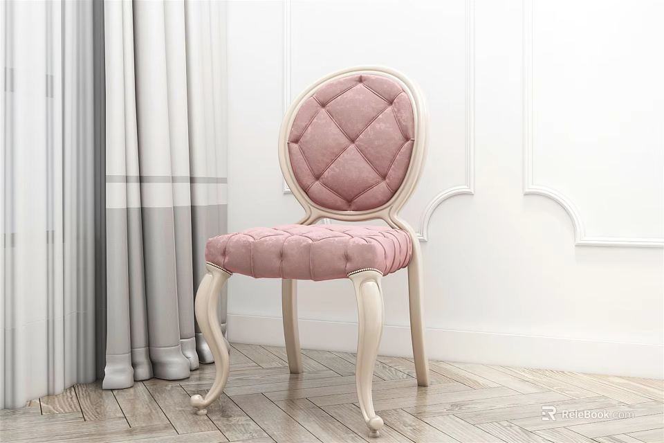 Elegant Pink Quilted Dining Chair With White Legs Gray Curtain White Wall And Wooden Floor 3d model 