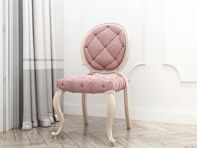 Elegant Pink Quilted Dining Chair With White Legs Gray Curtain White Wall And Wooden Floor 3d model