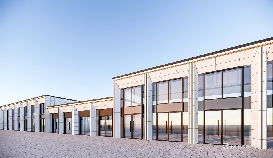 Modern Commercial Street Facade With Glass Curtain Walls White Stone Neatly Arranged And Spacious Square 3d model 