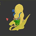 Blue Haired Female Character In White Flower Outfit With Green Snake Red Ribbon And Red Heart