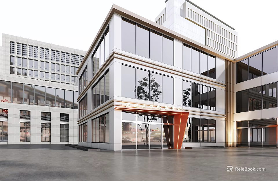 Modern Building Facade Design With Large Glass Windows And Metal Entrance Frames 3d model 