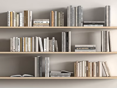 Books And Magazines On Wooden Bookshelves Stacked Horizontally And Vertically Against Light Colored Wall Background 3d model