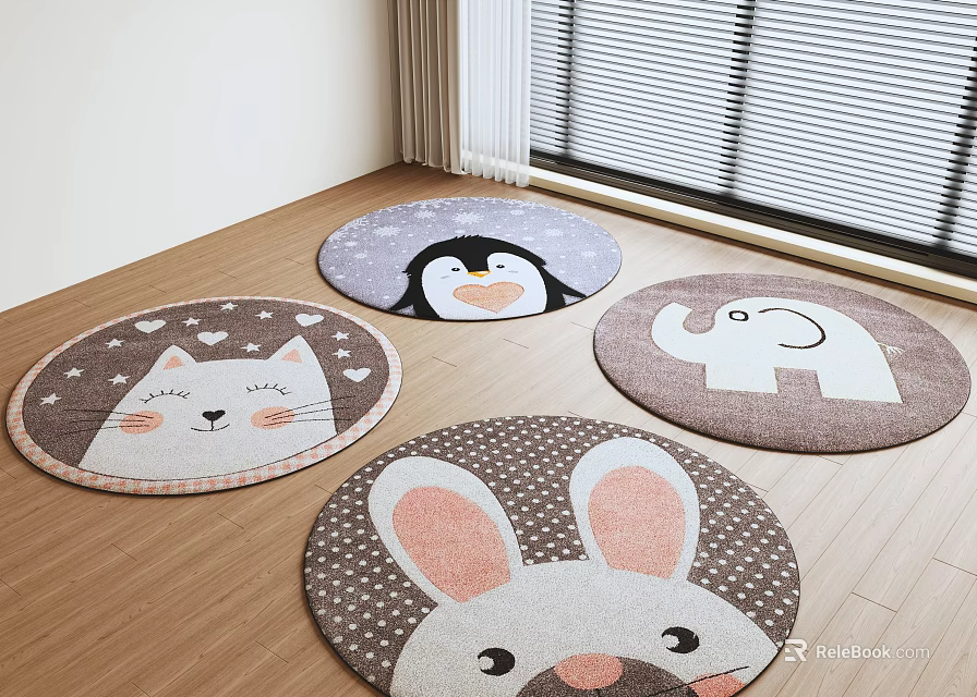 Round Cartoon Animal Rugs With Cat Penguin Elephant Rabbit 3d model 