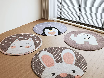 Round Cartoon Animal Rugs With Cat Penguin Elephant Rabbit 3d model