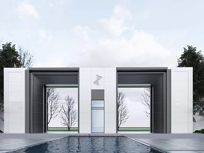 Modern Minimalist Entrance Gate Design With White Walls Glass Panels Water Pool And Surrounding Trees 3d model