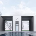 Modern Minimalist Entrance Gate Design With White Walls Glass Panels Water Pool And Surrounding Trees