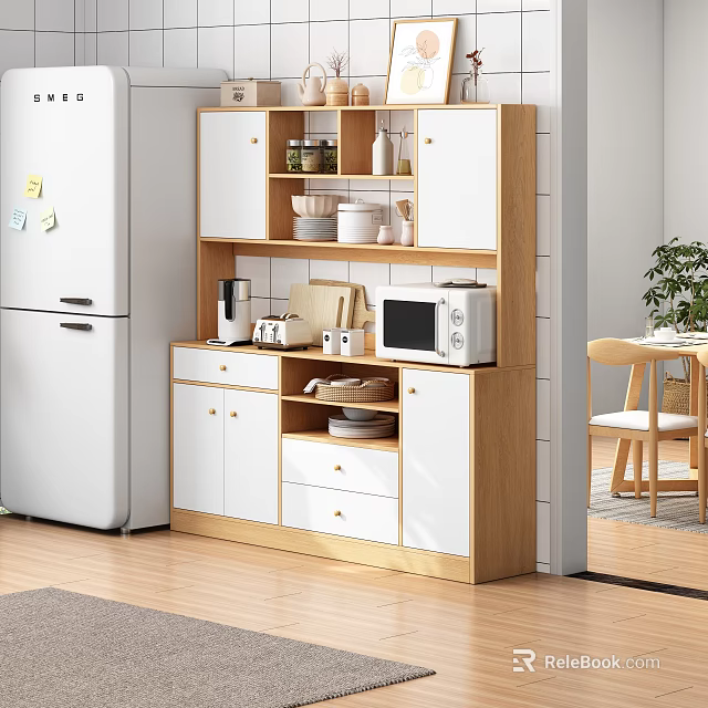 Modern White And Wooden Sideboard With Storage Drawers Cabinets Microwave Coffee Maker And Dishes 3d model 