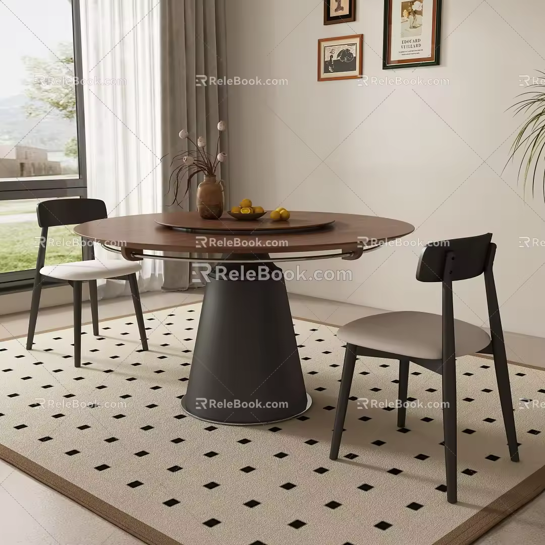 Middle Ancient Round Dining Table and Chair 3d model