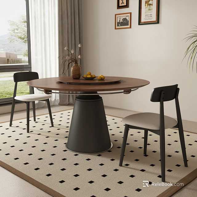 Modern Dining Table Set With Round Wooden Top Black Base Two Chairs Grey Cushions 3d model 