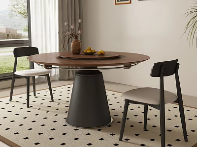 Modern Dining Table Set With Round Wooden Top Black Base Two Chairs Grey Cushions 3d model