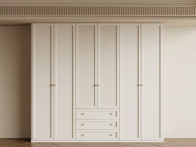White Modern Minimalist Wardrobe With Louvered Doors Drawers And Gold Handles For Sleek Bedroom Storage 3d model