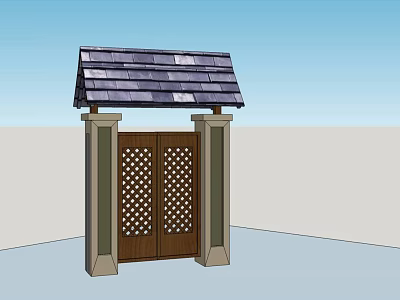 Traditional Entrance Gate With Double Wooden Doors Lattice Design And Tiled Roof 3d model