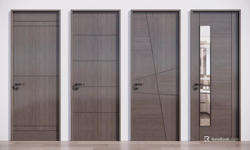 Modern Interior Wooden Hinged Doors With Geometric Patterns And Glass Panel Design 3d model