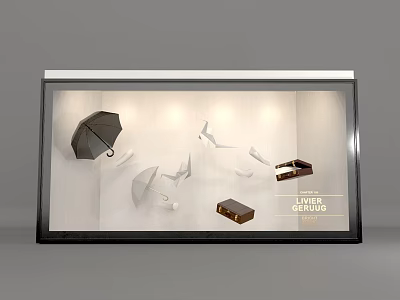 Luxury Window Display Featuring Black Umbrella Airplane Models And Brown Leather Suitcase With Luxe Collection 3d model