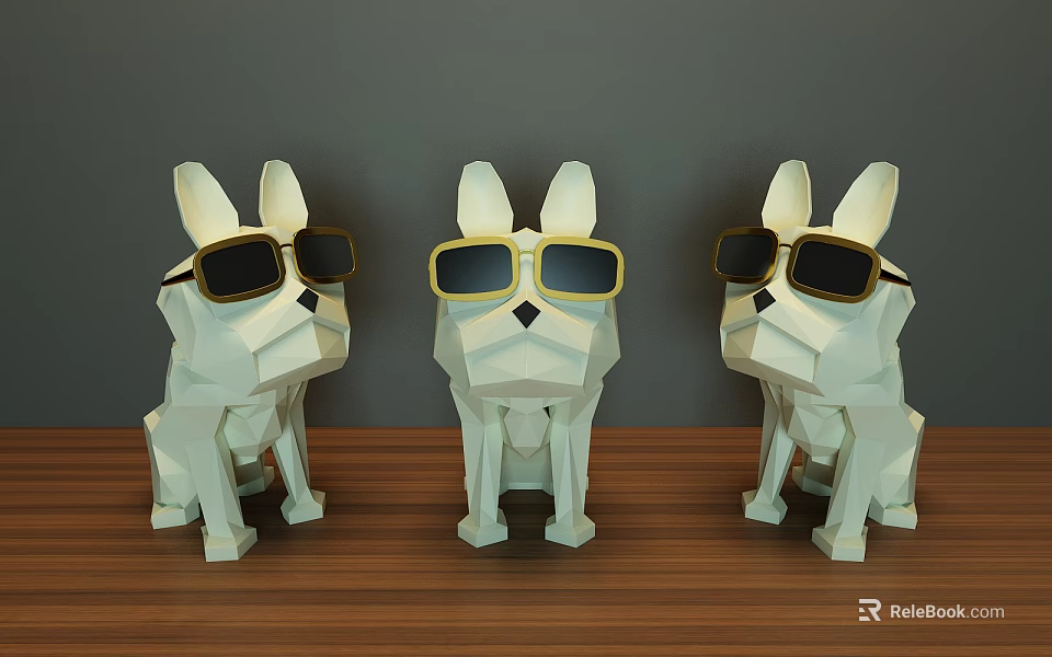 Decorative Ornament Set Featuring Three White Geometric Dog Figurines With Yellow Sunglasses On Wooden Tabletop 3d model 