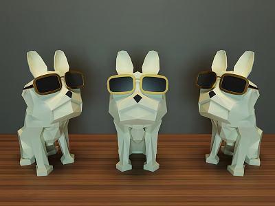 Decorative Ornament Set Featuring Three White Geometric Dog Figurines With Yellow Sunglasses On Wooden Tabletop 3d model