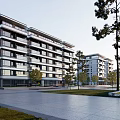 Modern Multi story Residential Building Facade Design With Circular Sculpture And Landscaped Trees