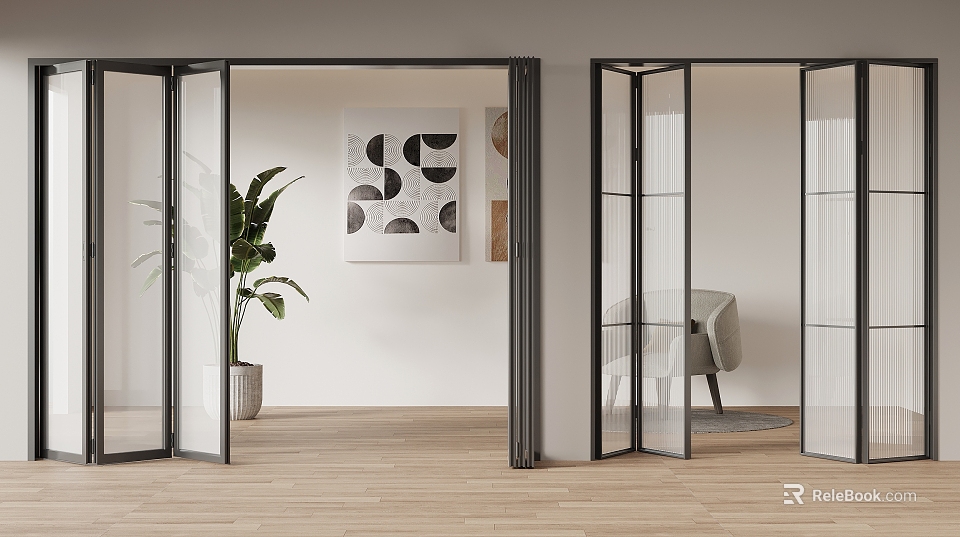 Modern Interior With Glass Folding Doors Potted Plants And Accent Chair 3d model 