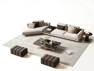 Modern Light Gray L Shaped Sofa And Black Coffee Table With Dark Ottoman Decorative Pillows 3d model