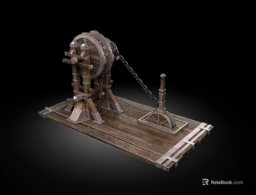 Medieval Wooden Mechanical Device With Large Wheel Chain And Metal Platform 3d model 
