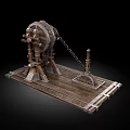 Medieval Wooden Mechanical Device With Large Wheel Chain And Metal Platform 3d model