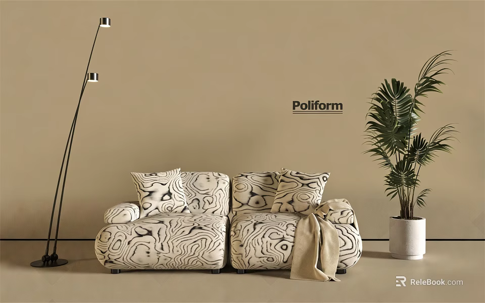 Modern Two Seater Sofa with Black White Abstract Pattern Beige Wall Floor Lamp Palm Plant 3d model 