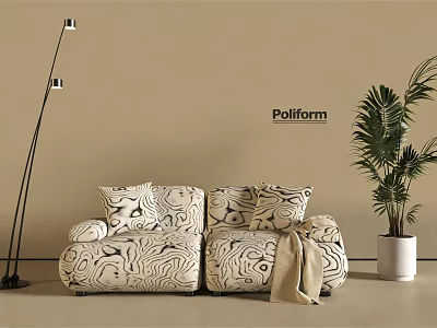 Modern Two Seater Sofa with Black White Abstract Pattern Beige Wall Floor Lamp Palm Plant 3d model
