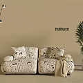 Modern Two Seater Sofa with Black White Abstract Pattern Beige Wall Floor Lamp Palm Plant