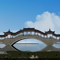 Chinese-style Stone Arch Bridge With Pavilions Spanning Water Surrounding Lotus Flowers Blue Sky White Clouds