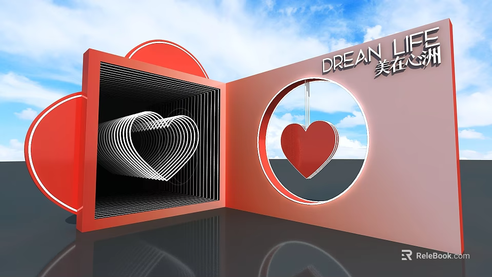 Photo Check In Spot Featuring Red Heart 3D Design Dream Life Text Blue Sky Background 3d model 