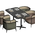 Modern Dining Table Set With Black Marble Top Green Brown Woven Backrest Chairs And Tableware 3d model