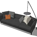 Modern Dark Gray Three Seater Sofa With Various Colored Patterned Cushions And Side Table Pendant Light 3d model
