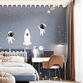 Kids Room With Space Theme Wall Decor Astronauts Rockets Bed And Desk