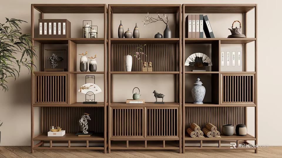 Traditional Chinese Wooden Display Shelf Featuring Vases Books Fans Small Sculptures And Ceramic Jars 3d model 