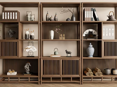 Traditional Chinese Wooden Display Shelf Featuring Vases Books Fans Small Sculptures And Ceramic Jars 3d model