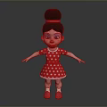 Cartoon Girl In Red Polka Dot Dress With Bun Hairstyle Red Shoes Against Gray Background