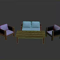 Modern Living Room Furniture With Blue Cushioned Sofa Chairs And Wooden Coffee Table