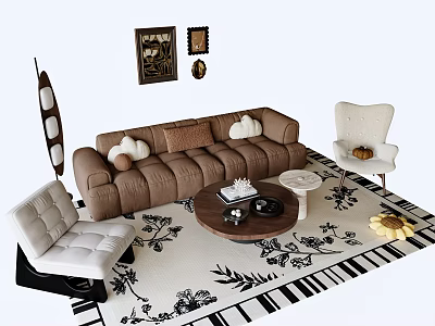 Brown Sofa with Pillows Round Coffee Table Set White Chairs Floral Rug and Wall Art 3d model