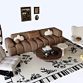 Brown Sofa with Pillows Round Coffee Table Set White Chairs Floral Rug and Wall Art