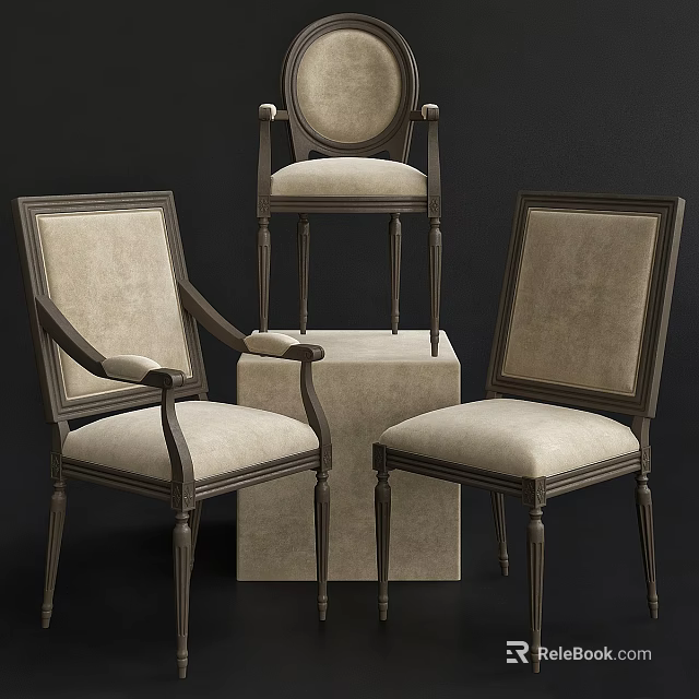Classic Leisure Chairs With Upholstered Seats Armrests Dark Frames On Display Stand 3d model 