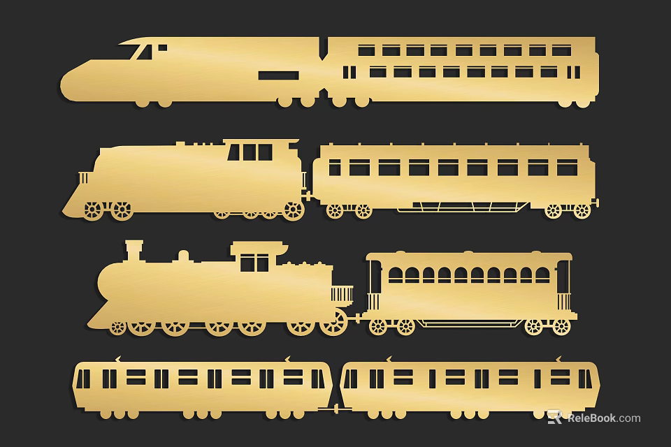 Golden Train Silhouette Wall Decor With Retro And Modern Train Designs 3d model